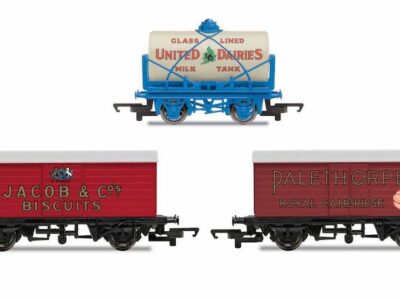 Hornby R6991 'Retro' Wagons, three pack, United Dairies Tanker, Jacob's Biscuits, Palethorpes