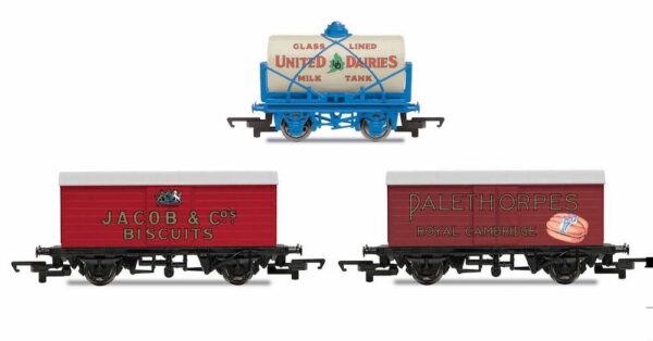Hornby R6991 'Retro' Wagons, three pack, United Dairies Tanker, Jacob's Biscuits, Palethorpes