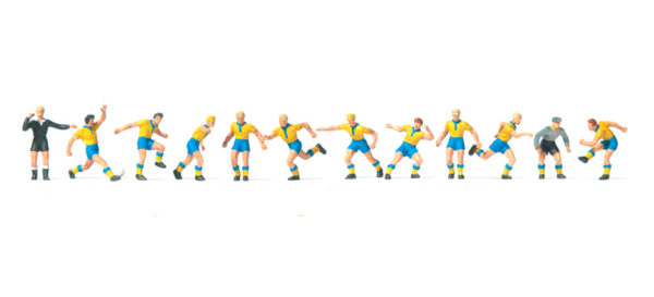 Preiser 10755 Soccer Team & Referee, Yellow shits, Blue Shorts HO Gauge Figures