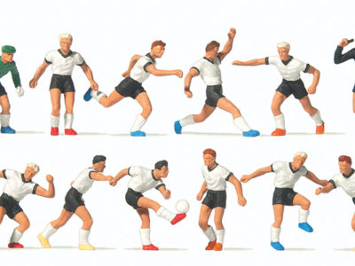 Preiser 10758 Soccer Team & Referee, White shits, Black Shorts HO Gauge Figures