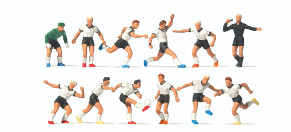 Preiser 10758 Soccer Team & Referee, White shits, Black Shorts HO Gauge Figures